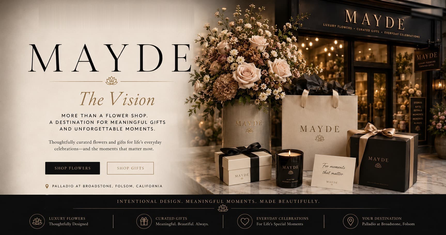 MAYDE — The Vision. More than a flower shop. A destination for meaningful gifts and unforgettable moments. Palladio at Broadstone, Folsom, California.