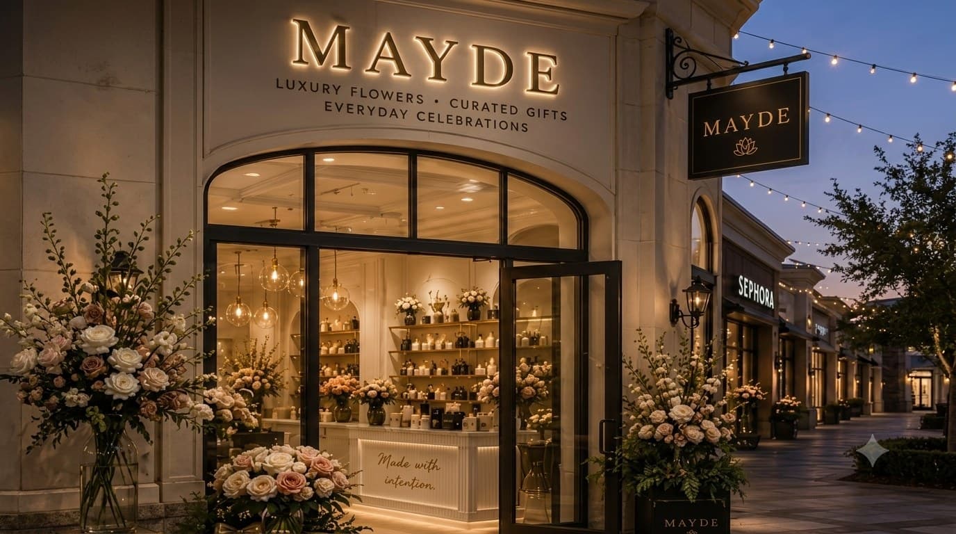 The MAYDE storefront at dusk