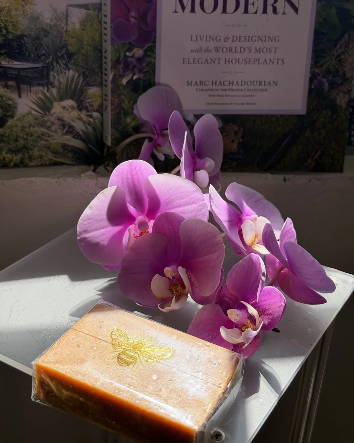 Artisan soap bar pressed with a gilded bee at MAYDE Market in Cameron Park