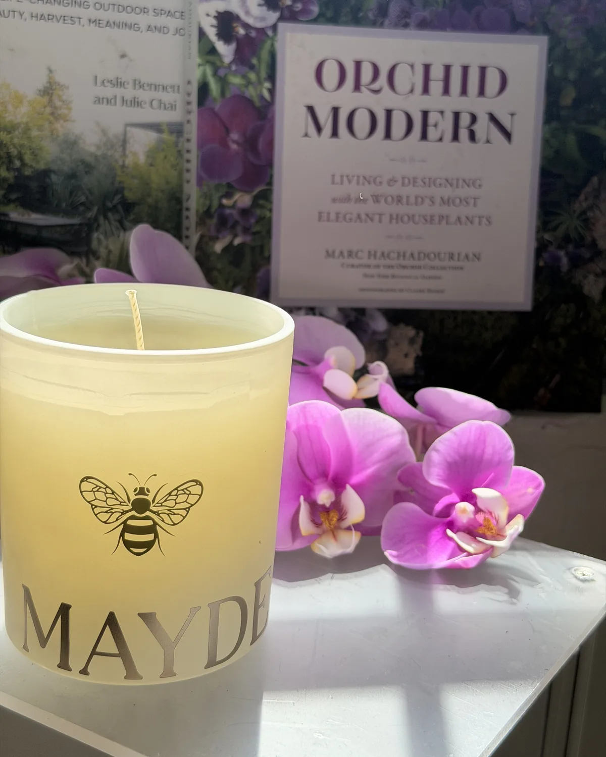 MAYDE signature bee candle beside orchids at MAYDE Market in Cameron Park