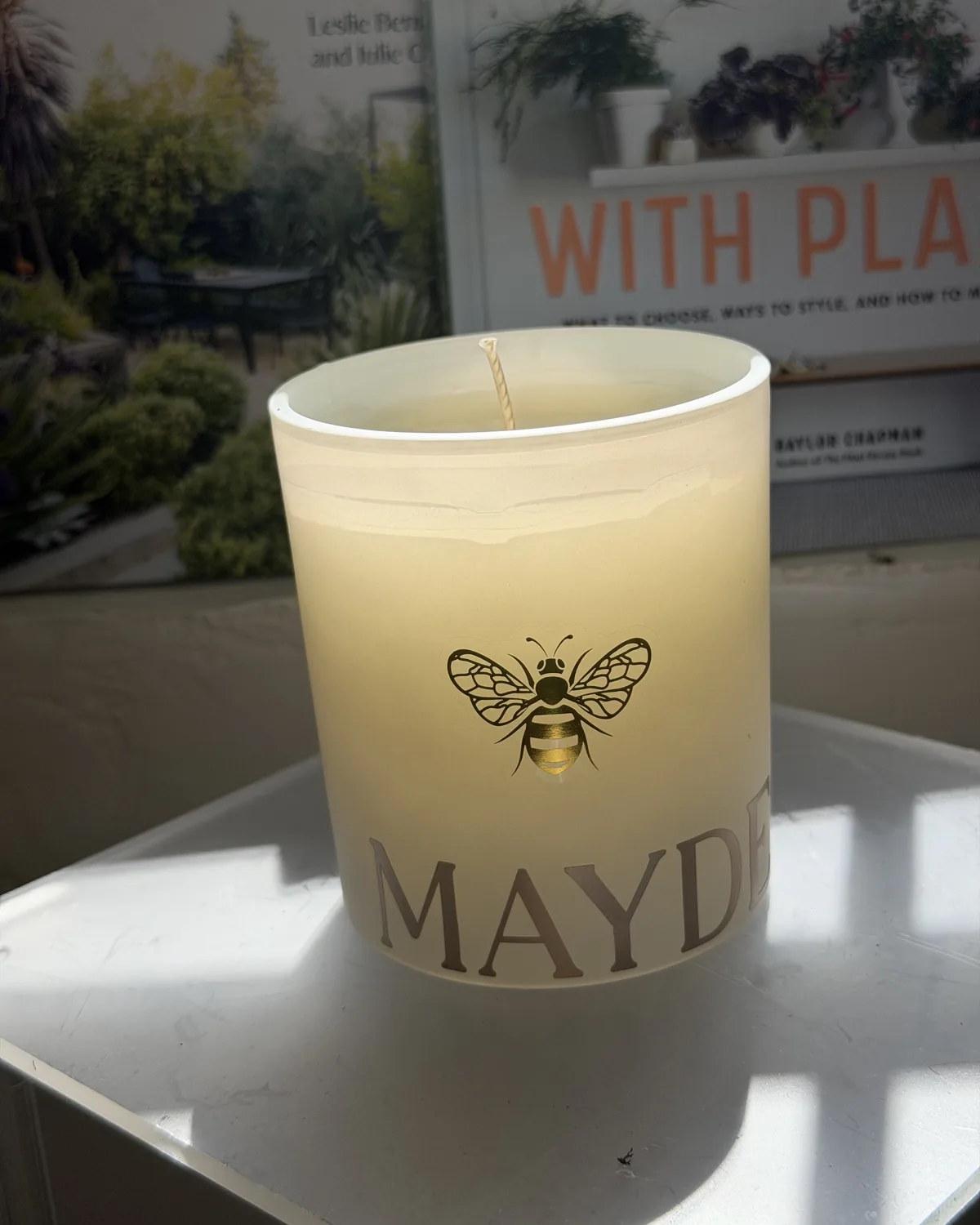 MAYDE signature bee candle in frosted glass at MAYDE Market in Cameron Park