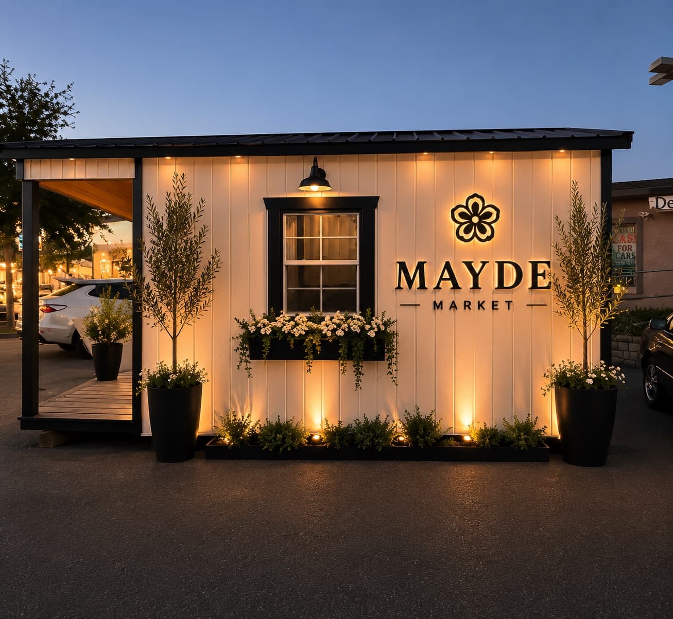 MAYDE Market storefront at dusk in Cameron Park — lit signage, window box of white blooms, olive trees in black planters
